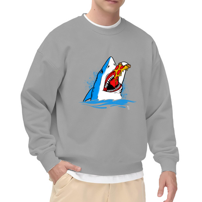 Shark Eating Pizza Sweatshirt | Funny Cartoon Shark Graphic Crewneck, Quirky Foodie Pullover Top, Humor Gift for Pizza Lovers Men Women