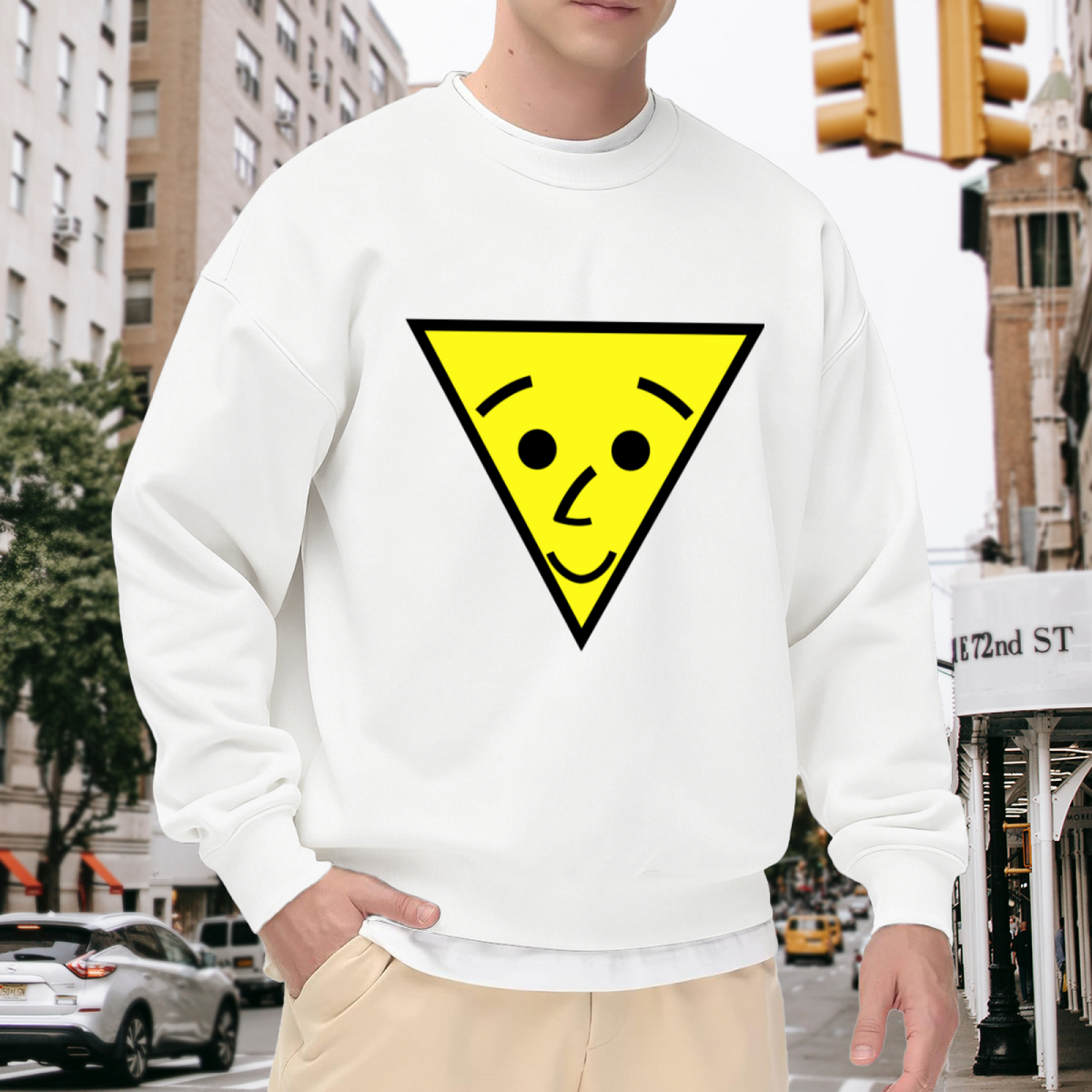 Smiley Yellow Triangle Minimalist Crewneck Sweatshirt | Cute Geometric Face Graphic Pullover, Kawaii Streetwear Top