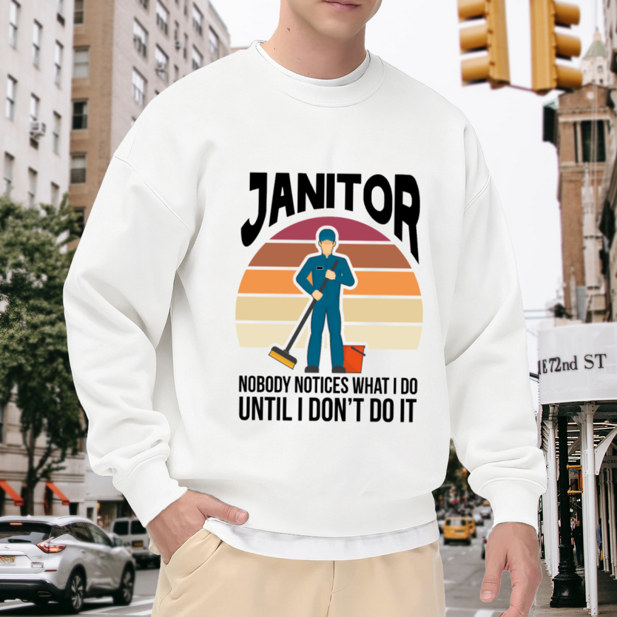 Janitor Nobody Notices What I Do Crewneck Sweatshirt, Retro Sunset Custodian Pullover, Cleaning Crew Gift