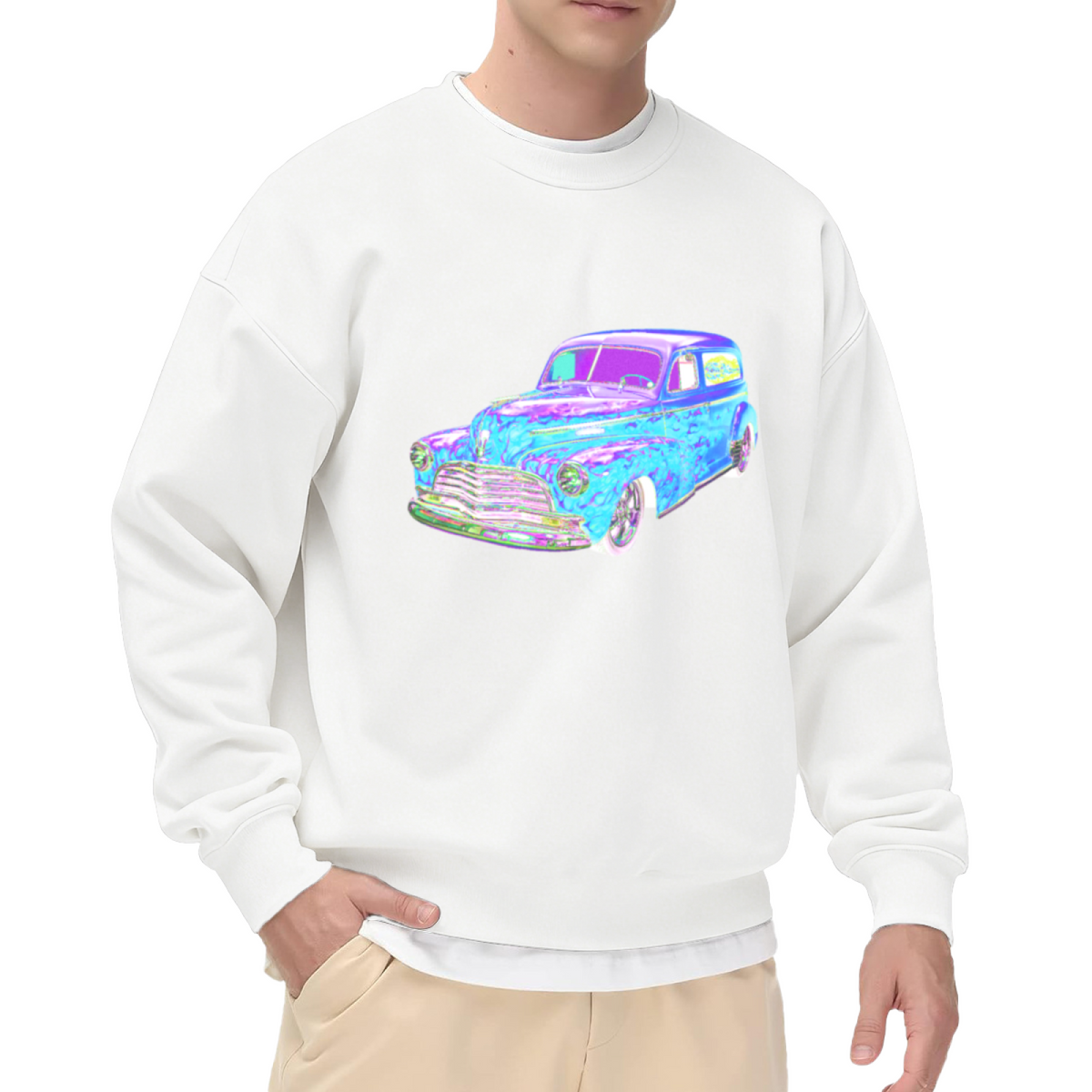 Psychedelic Lowrider Car Crewneck Sweatshirt | Retro Custom Car Graphic Pullover, Holographic Streetwear Top, Car Enthusiast Gift