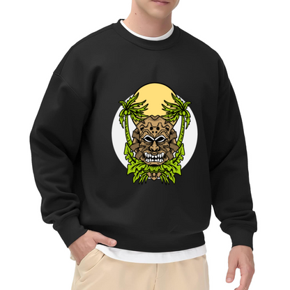 Tribal Stone Mask with Palm Trees Crewneck Sweatshirt, Tropical Tiki Graphic Design