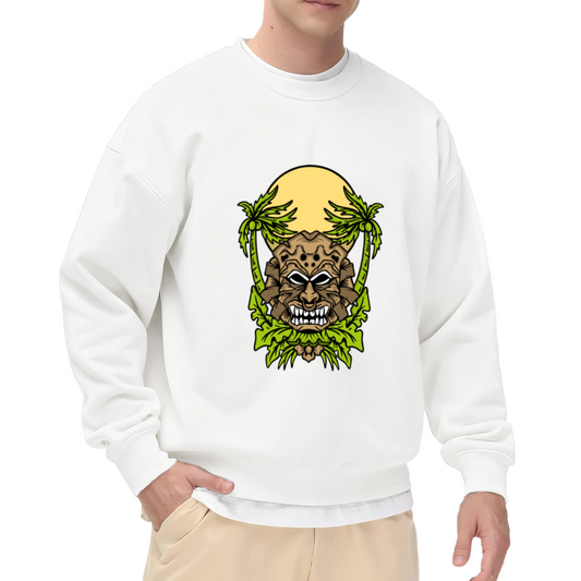 Tribal Stone Mask with Palm Trees Crewneck Sweatshirt, Tropical Tiki Graphic Design