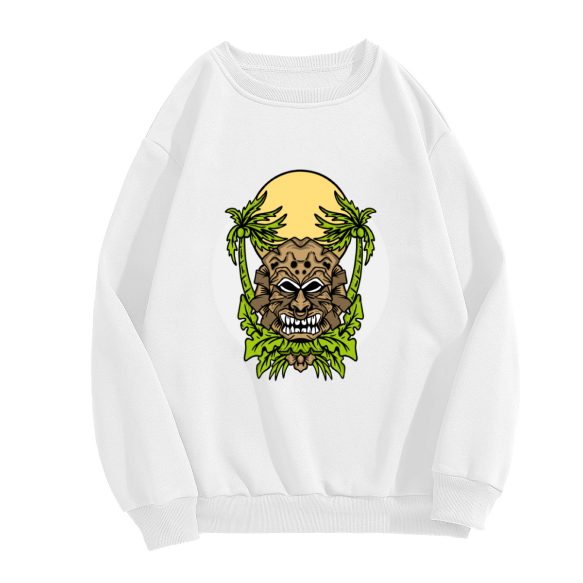Tribal Stone Mask with Palm Trees Crewneck Sweatshirt, Tropical Tiki Graphic Design