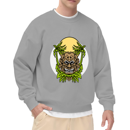 Tribal Stone Mask with Palm Trees Crewneck Sweatshirt, Tropical Tiki Graphic Design