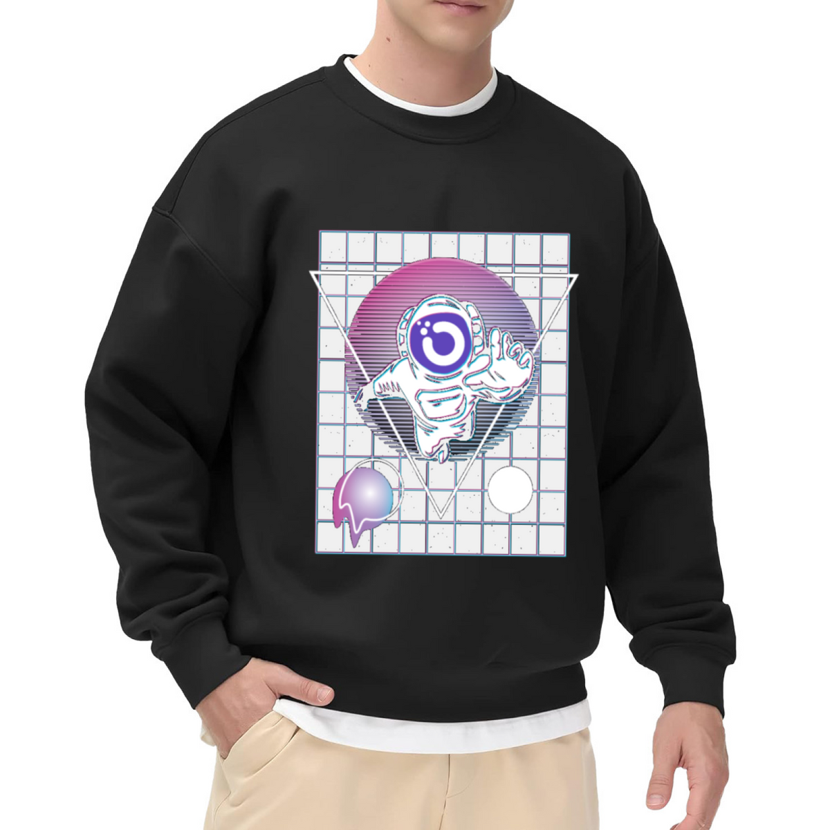 Vaporwave Astronaut Shaka Triangle Crewneck Sweatshirt | Retro-Futuristic Space Graphic Pullover, 80s Aesthetic Gift