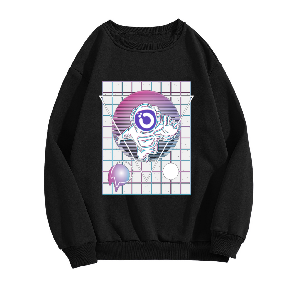 Vaporwave Astronaut Shaka Triangle Crewneck Sweatshirt | Retro-Futuristic Space Graphic Pullover, 80s Aesthetic Gift