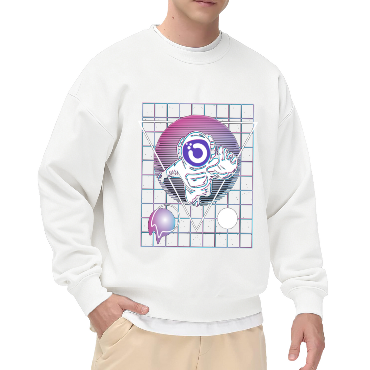 Vaporwave Astronaut Shaka Triangle Crewneck Sweatshirt | Retro-Futuristic Space Graphic Pullover, 80s Aesthetic Gift