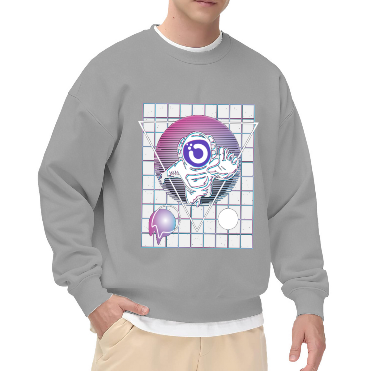 Vaporwave Astronaut Shaka Triangle Crewneck Sweatshirt | Retro-Futuristic Space Graphic Pullover, 80s Aesthetic Gift