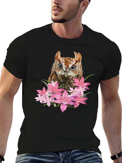 Owl & Floral Graphic Black T-Shirt