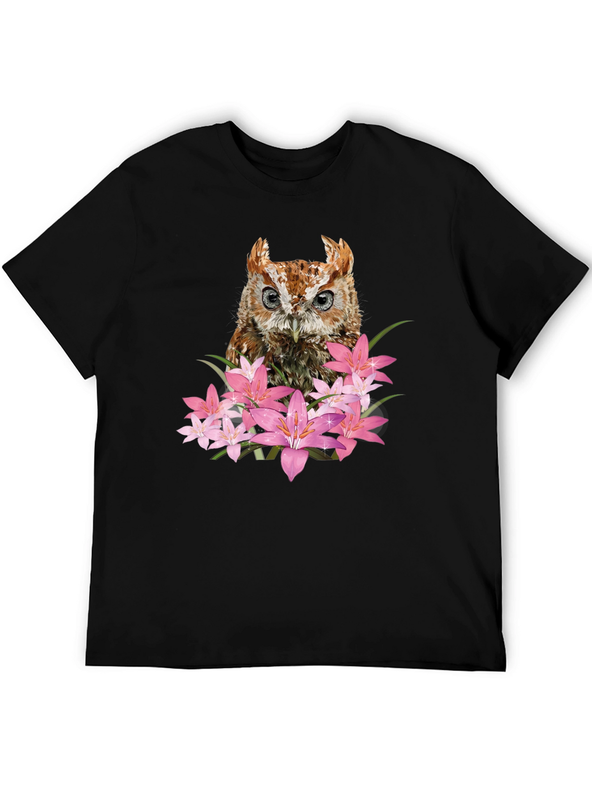Owl & Floral Graphic Black T-Shirt