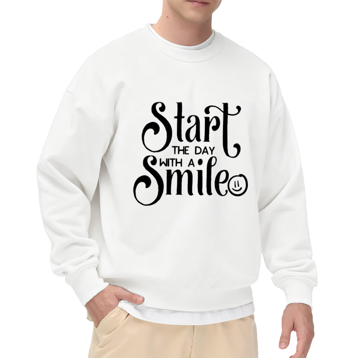 Start The Day With A Smile Calligraphy Smiley Crewneck Sweatshirt | Positive Morning Motivation Pullover, Uplifting Gift