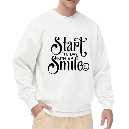 Start The Day With A Smile Calligraphy Smiley Crewneck Sweatshirt | Positive Morning Motivation Pullover, Uplifting Gift