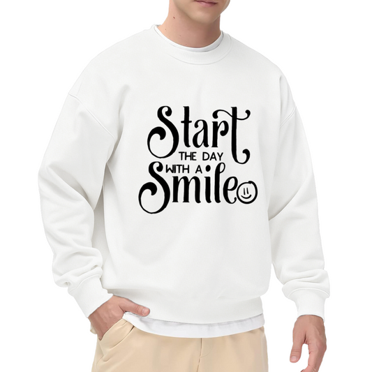 Start The Day With A Smile Calligraphy Smiley Crewneck Sweatshirt | Positive Morning Motivation Pullover, Uplifting Gift