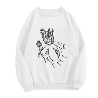Creepy Woodgrain Head Doll Crewneck Sweatshirt | Dark Hand-Drawn Grotesque Graphic Pullover, Eerie Doll Streetwear Top, Halloween Gift