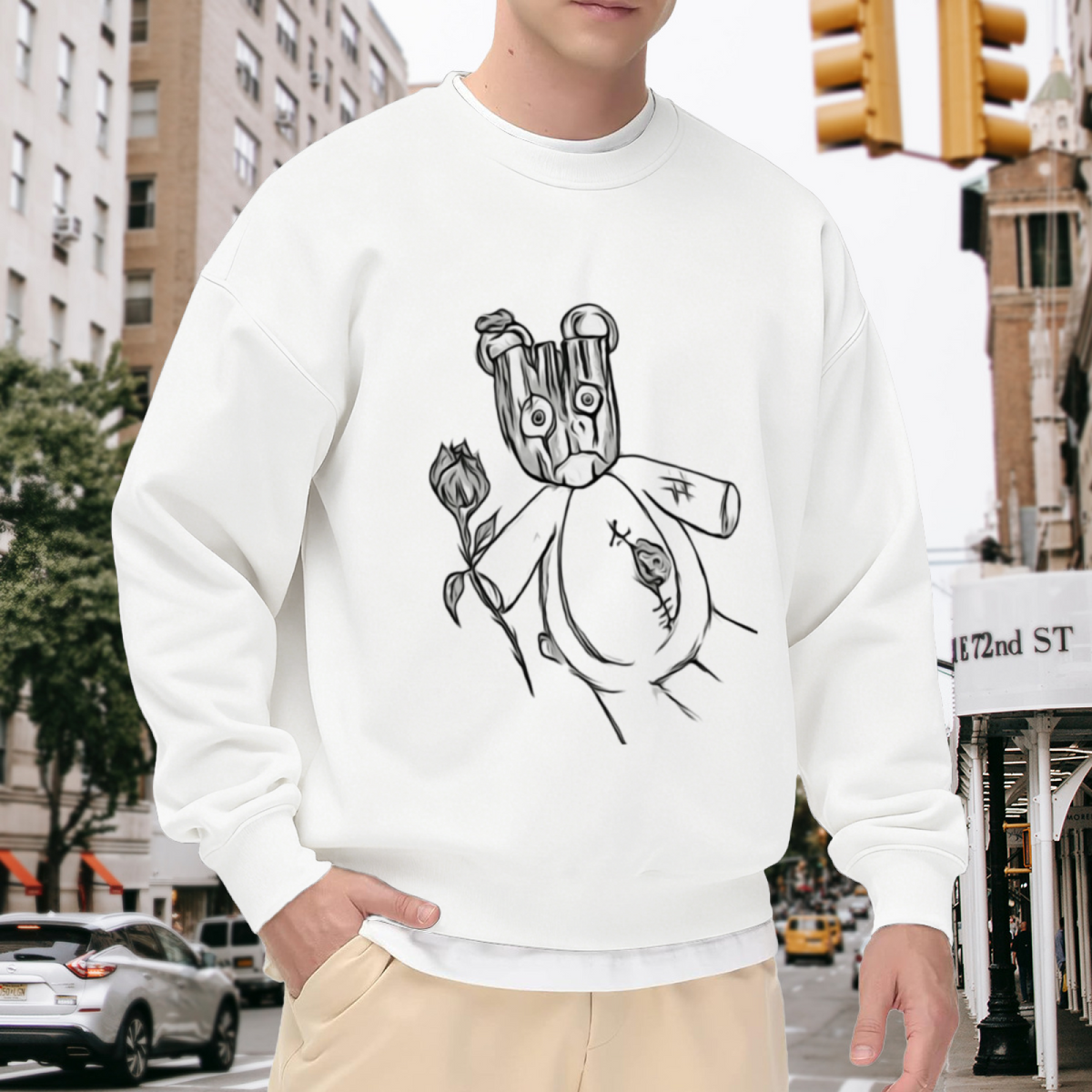 Creepy Woodgrain Head Doll Crewneck Sweatshirt | Dark Hand-Drawn Grotesque Graphic Pullover, Eerie Doll Streetwear Top, Halloween Gift