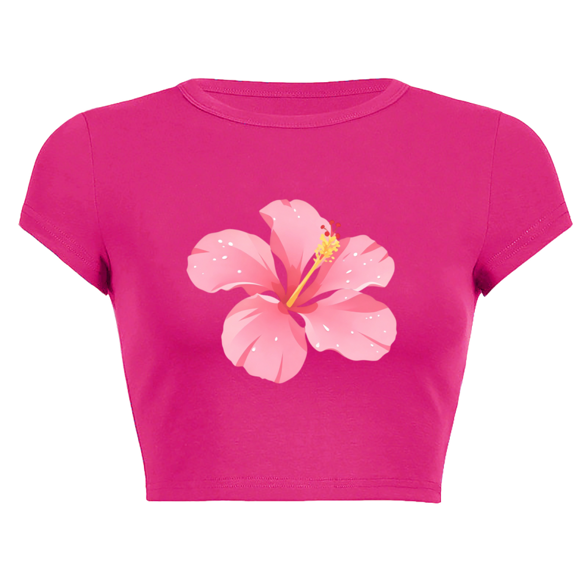 Tropical Pink Hibiscus Flower Hot Pink Crop Tee ¨C Vacation Beach Summer Top 8.