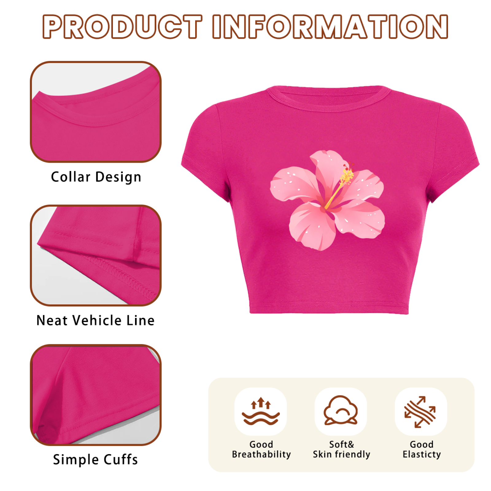 Tropical Pink Hibiscus Flower Hot Pink Crop Tee ¨C Vacation Beach Summer Top 8.