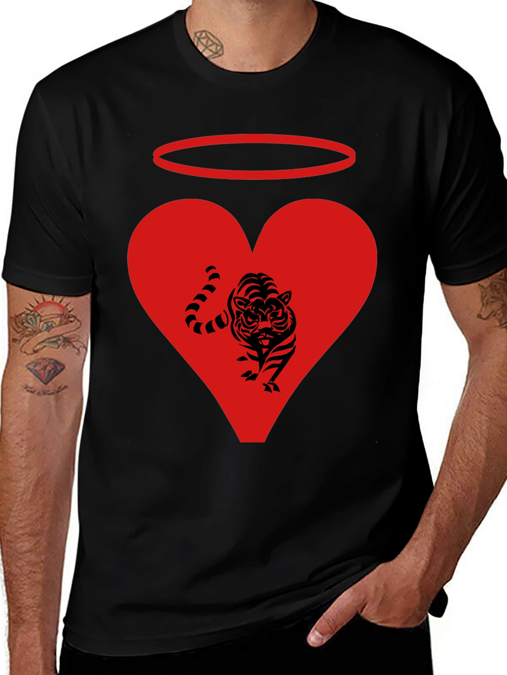 Angel Tiger Heart Graphic Tee - Black