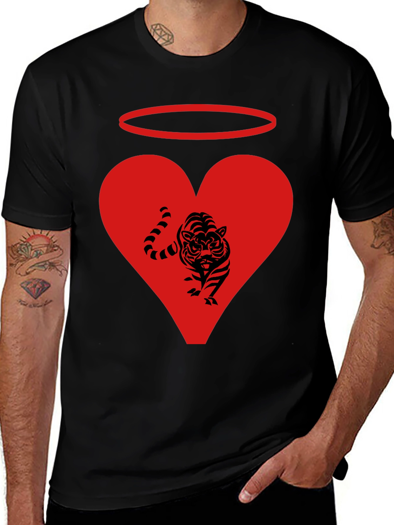 Angel Tiger Heart Graphic Tee - Black