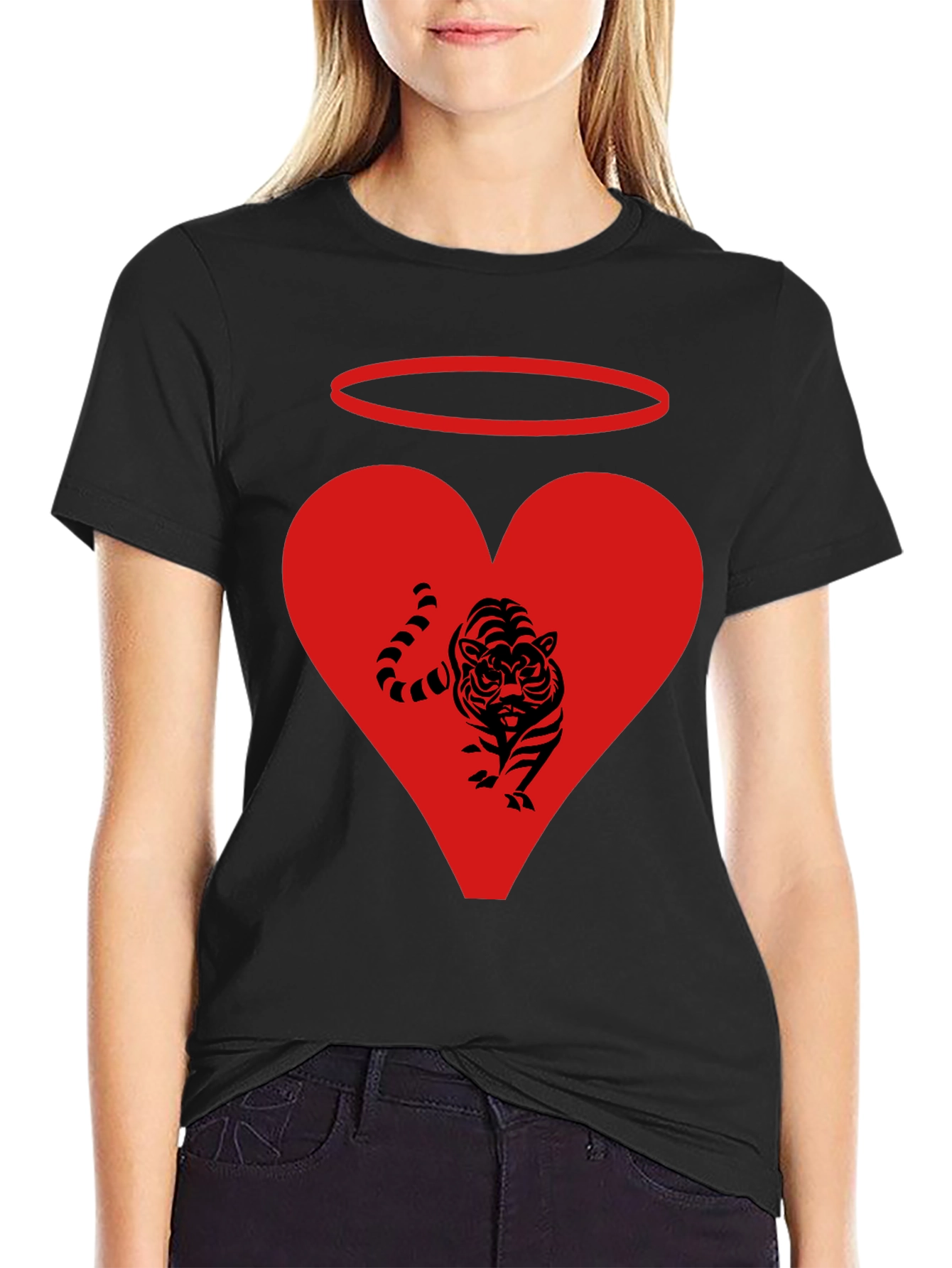 Angel Tiger Heart Graphic Tee - Black