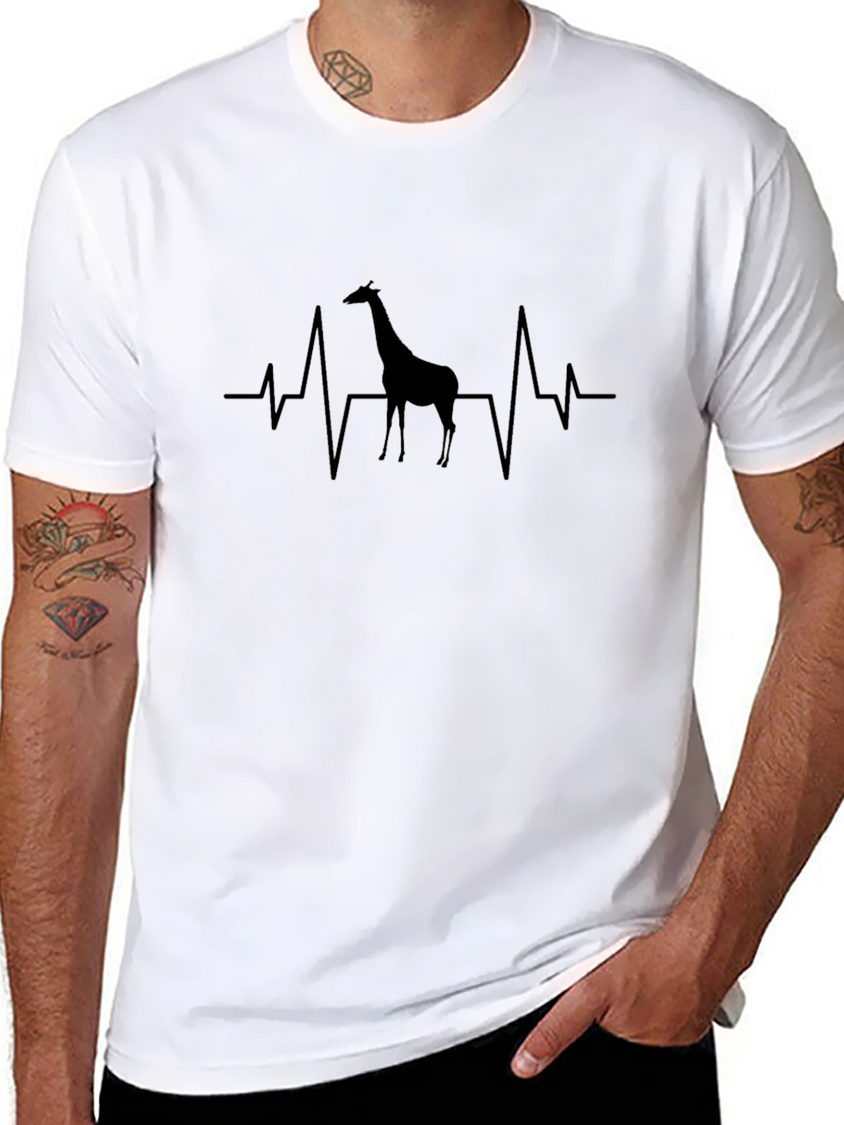 Giraffe Heartbeat Graphic Tee - Black Crewneck T-Shirt