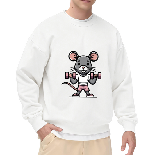 Gym Mouse Sweatshirt | Cartoon Weightlifting Mouse Graphic Crewneck, Cute Fitness Pullover Top, Workout Gift for Gym Lovers Women Men