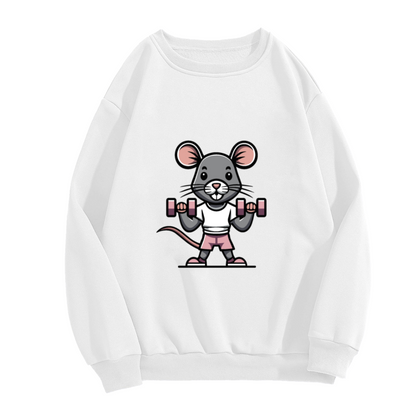 Gym Mouse Sweatshirt | Cartoon Weightlifting Mouse Graphic Crewneck, Cute Fitness Pullover Top, Workout Gift for Gym Lovers Women Men