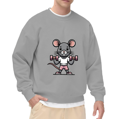 Gym Mouse Sweatshirt | Cartoon Weightlifting Mouse Graphic Crewneck, Cute Fitness Pullover Top, Workout Gift for Gym Lovers Women Men