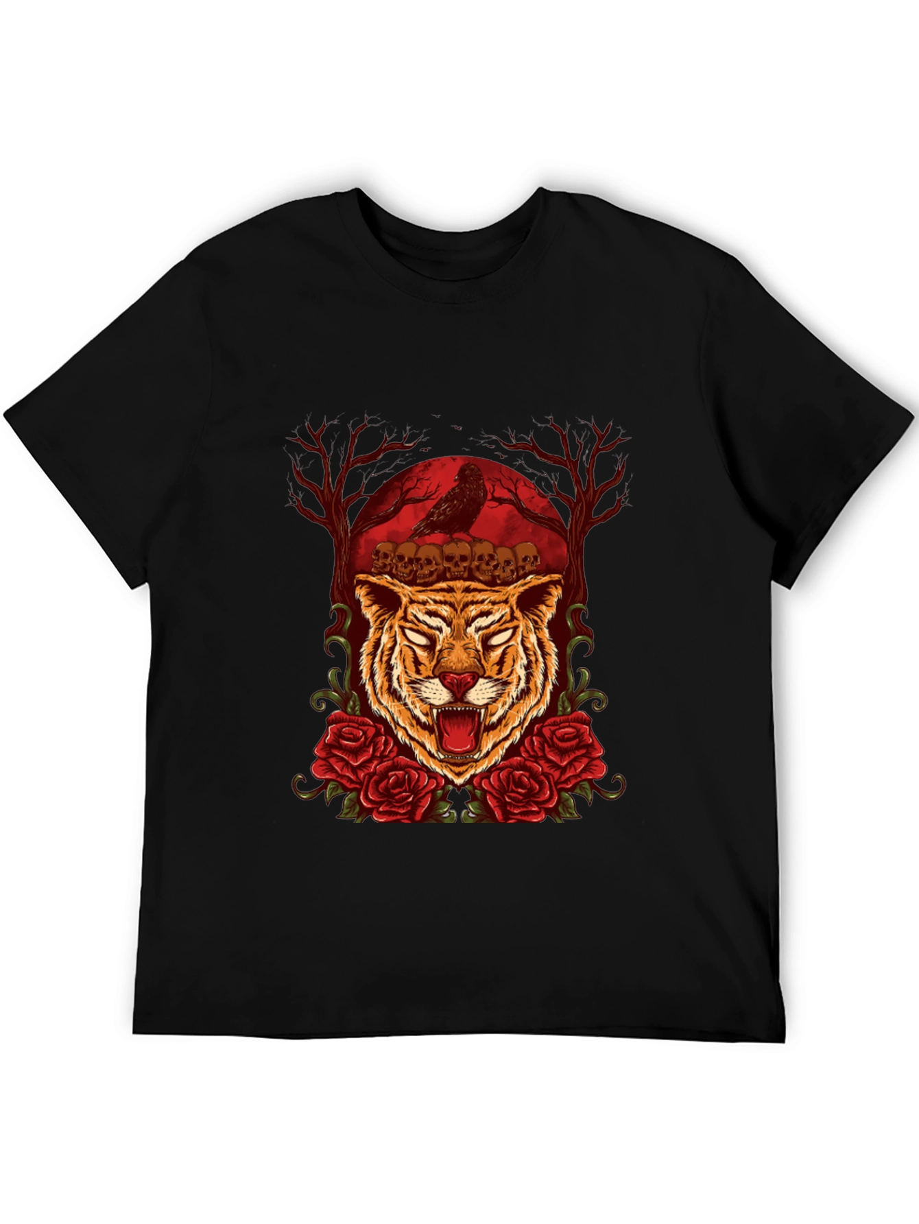 Tiger Skull & Roses Graphic Tee - Mens Black T-Shirt