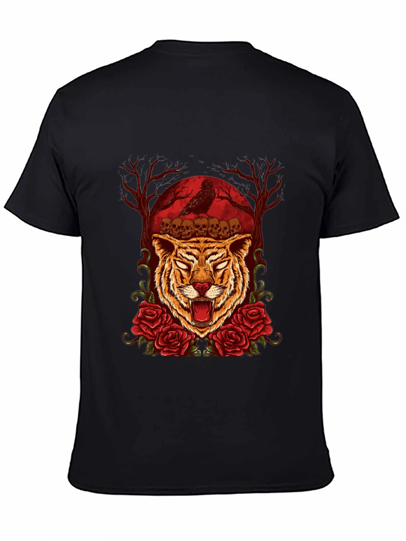 Tiger Skull & Roses Graphic Tee - Mens Black T-Shirt