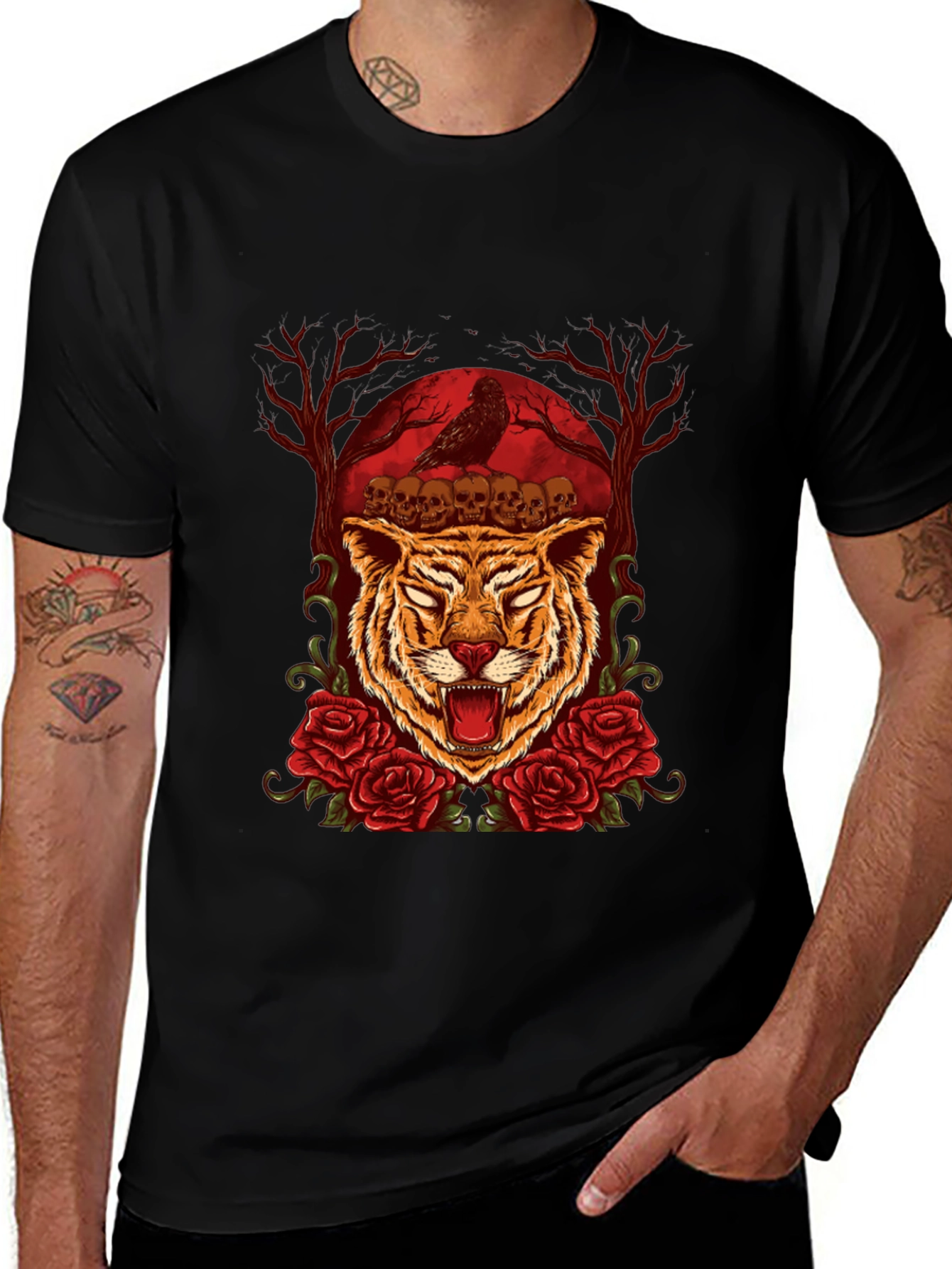 Tiger Skull & Roses Graphic Tee - Mens Black T-Shirt