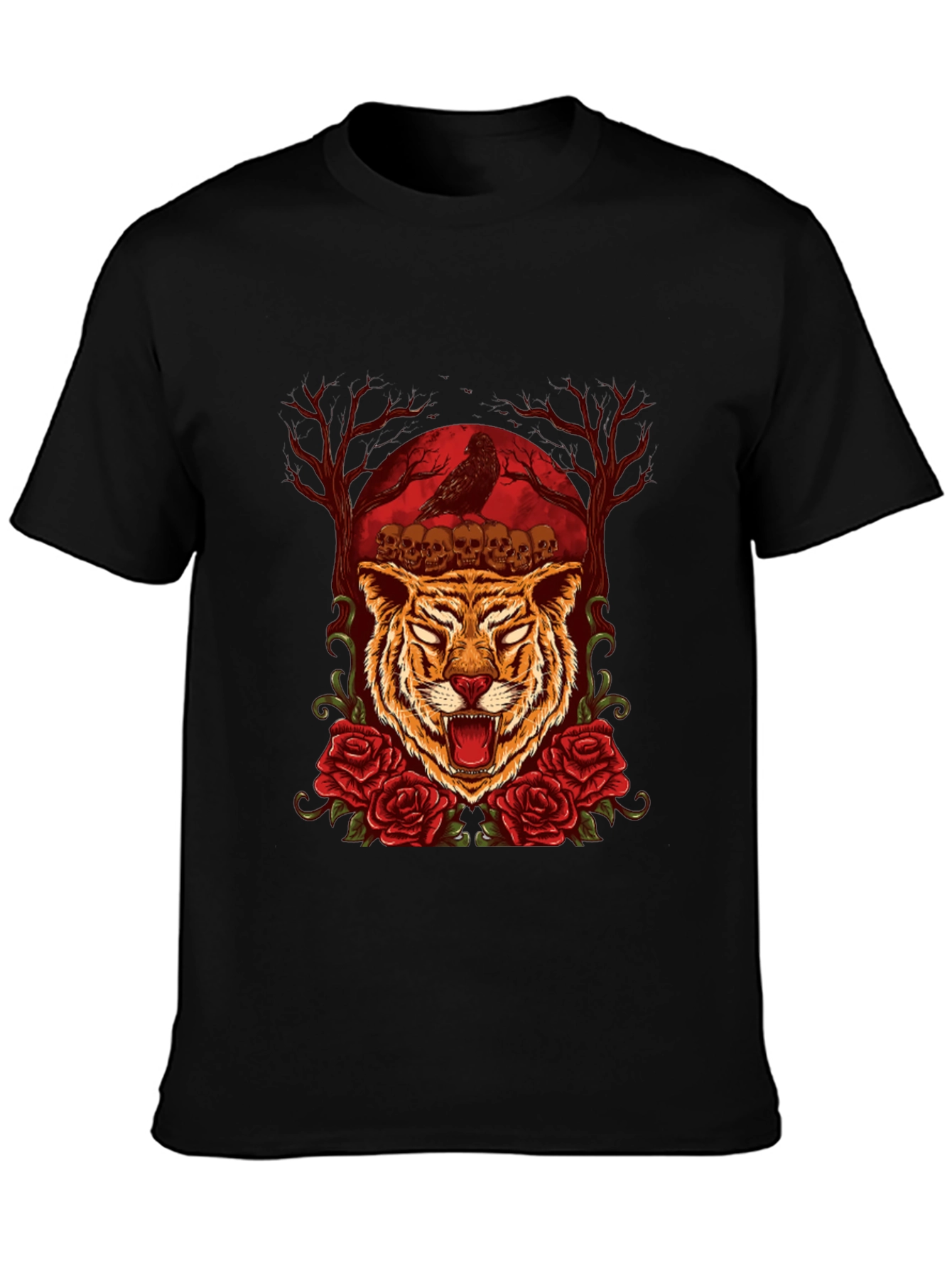 Tiger Skull & Roses Graphic Tee - Mens Black T-Shirt