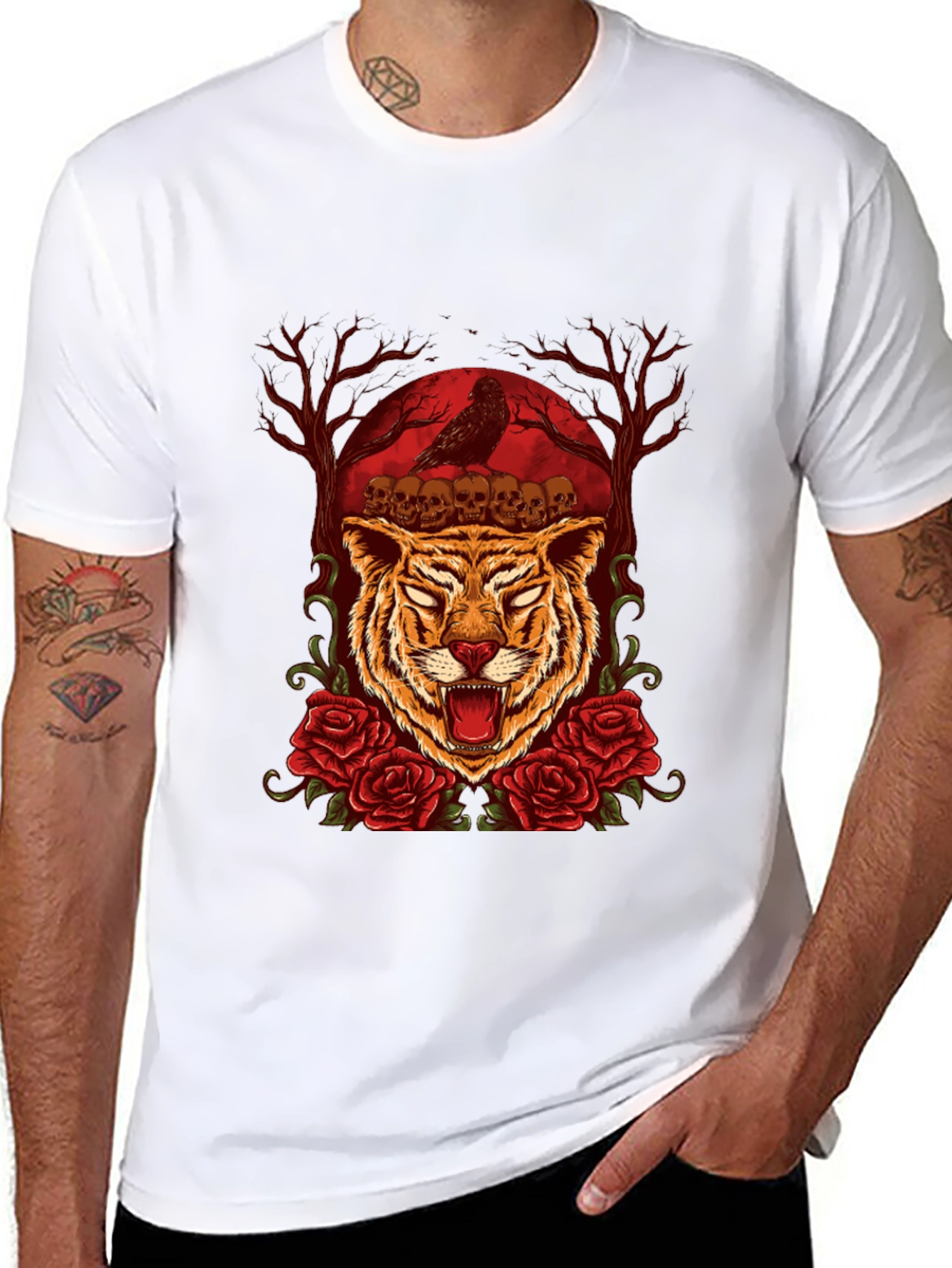 Tiger Skull & Roses Graphic Tee - Mens Black T-Shirt