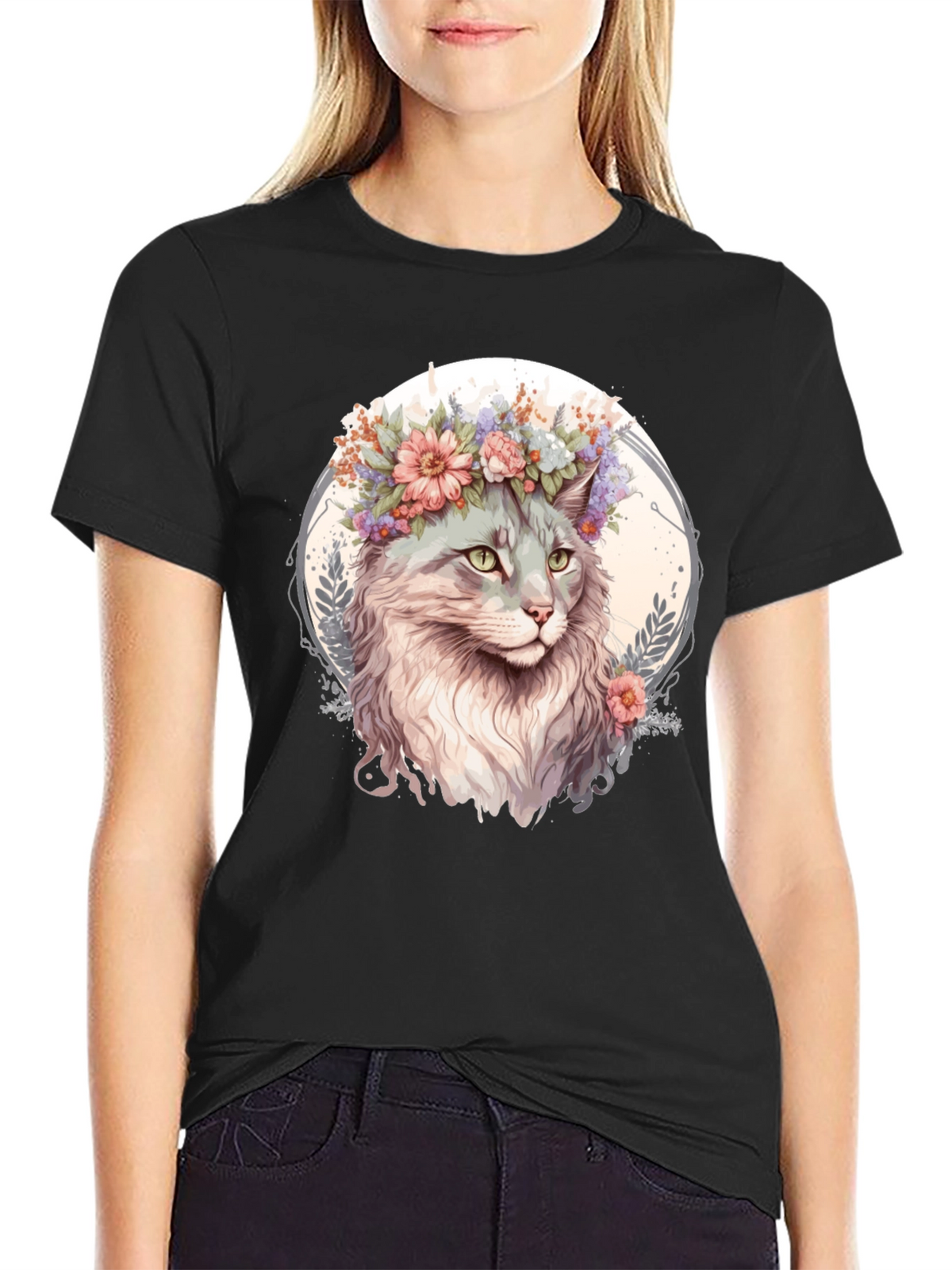 Cat with Flowers Graphic Tee