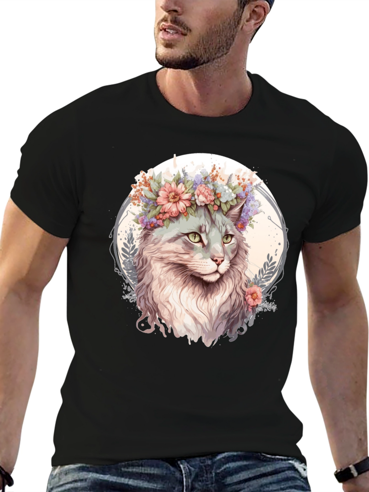 Cat with Flowers Graphic Tee