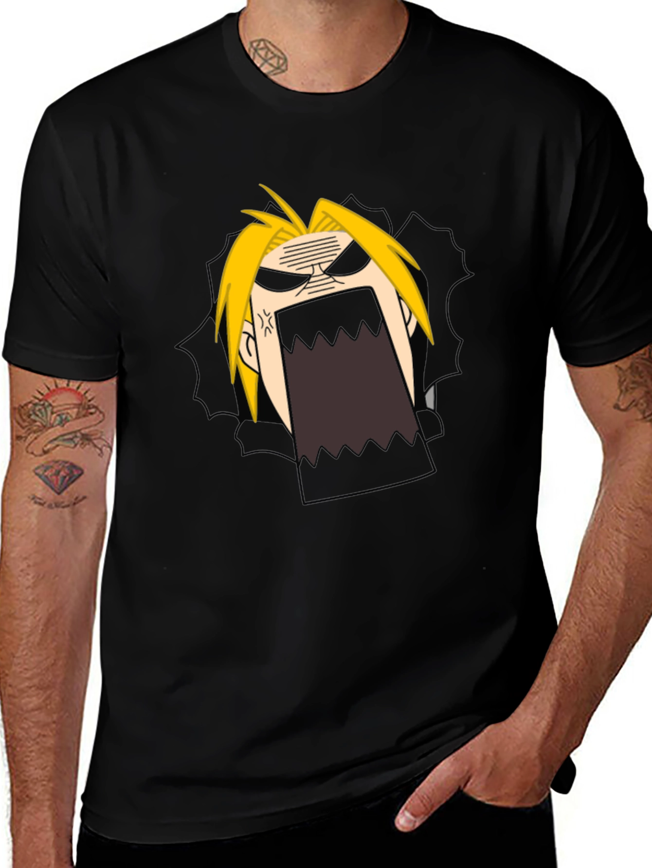 Anime Cartoon Angry Face Black T-Shirt