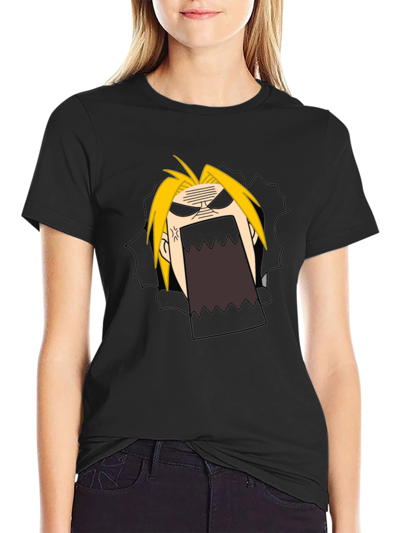 Anime Cartoon Angry Face Black T-Shirt