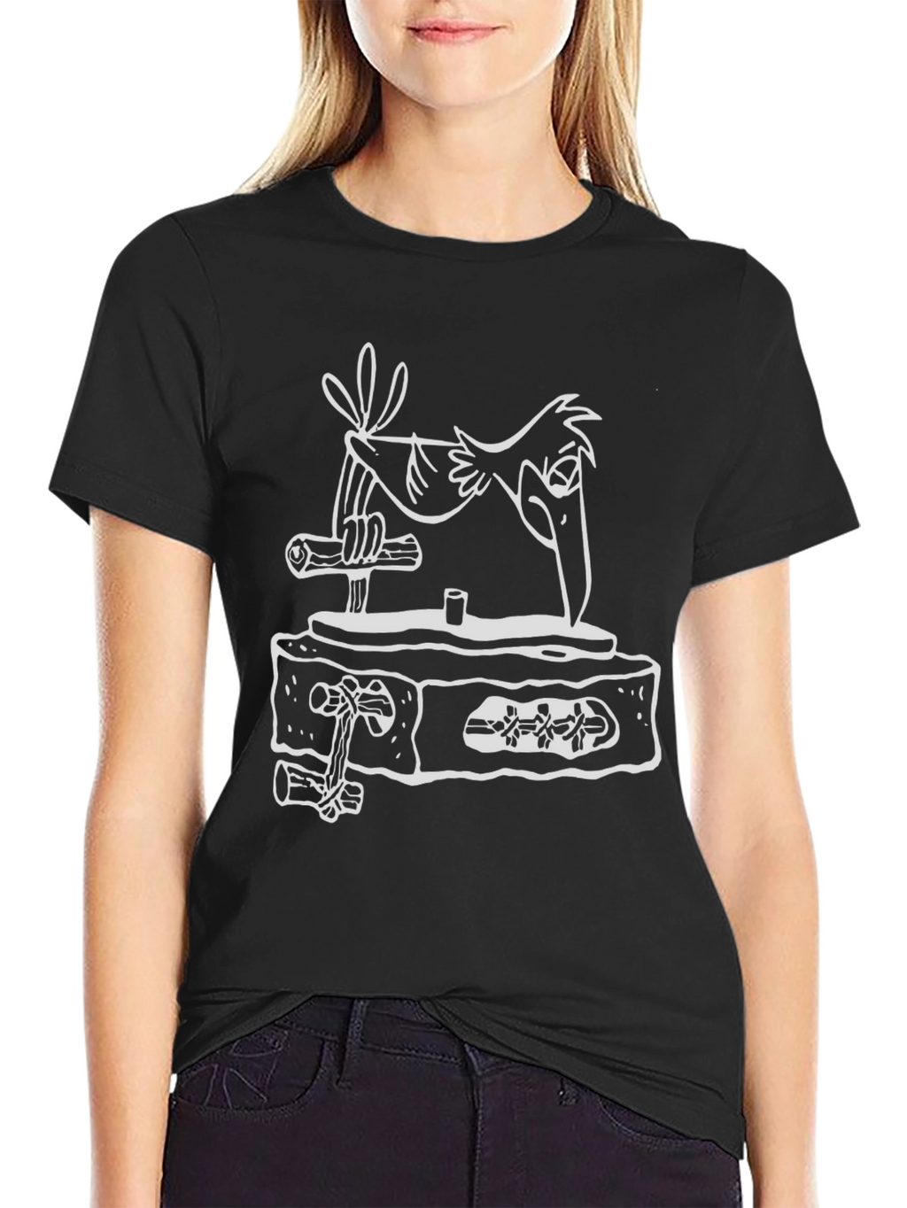 Black T-Shirt with Bird and Woodpecker Design