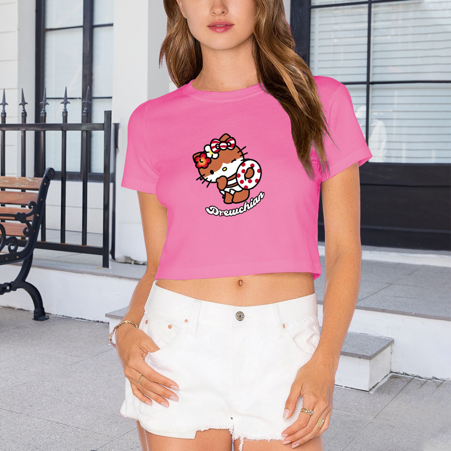 Summer Vibe Hello Kitty Donut Pink Cropped T?Shirt