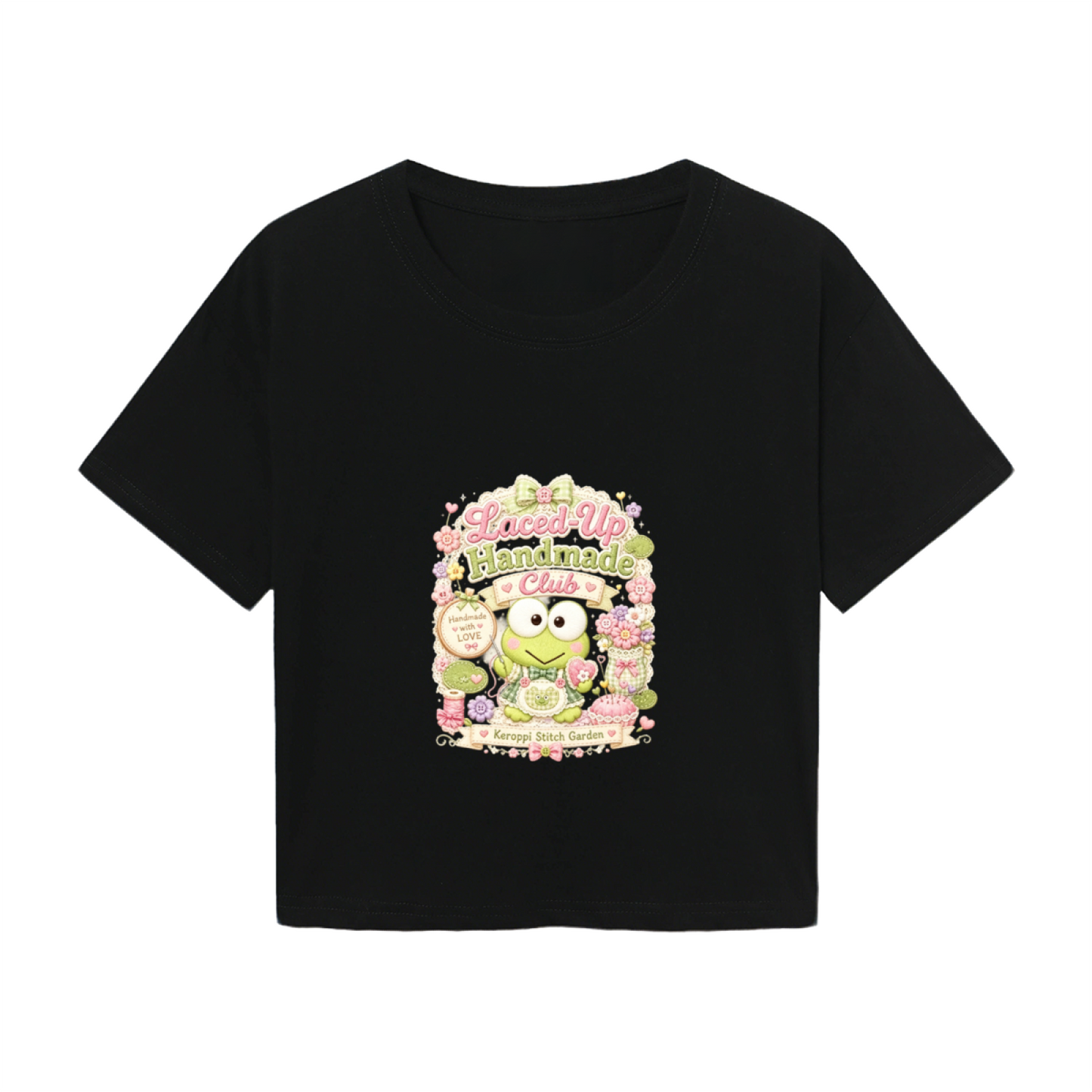 Kawaii Keroppi Floral Vintage Aesthetic Black Cropped Top For Girls
