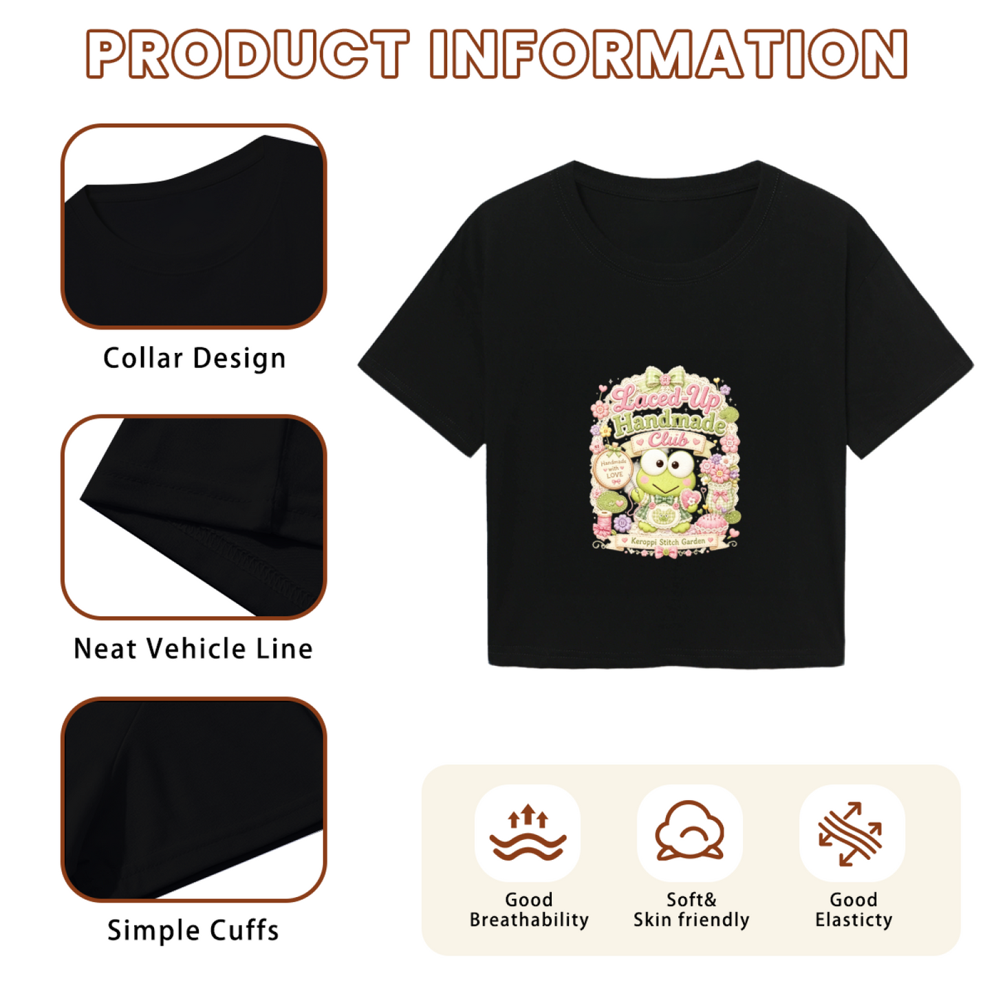 Kawaii Keroppi Floral Vintage Aesthetic Black Cropped Top For Girls
