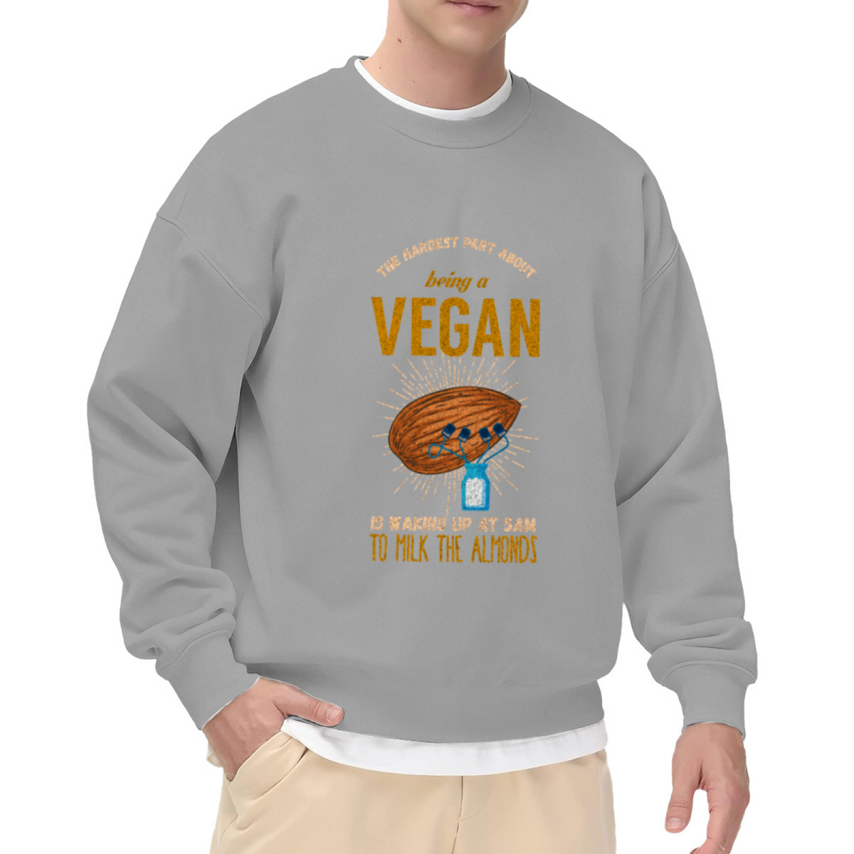 Hardest Part About Being Vegan Almond Milk Crewneck Sweatshirt | Funny Vegan Joke Pullover, Retro Hand-Drawn Graphic Top, Plant Based Gift