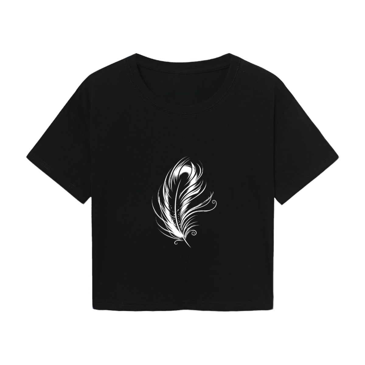 Chic Black Cropped Top Centered With Elegant White Art Feather Print