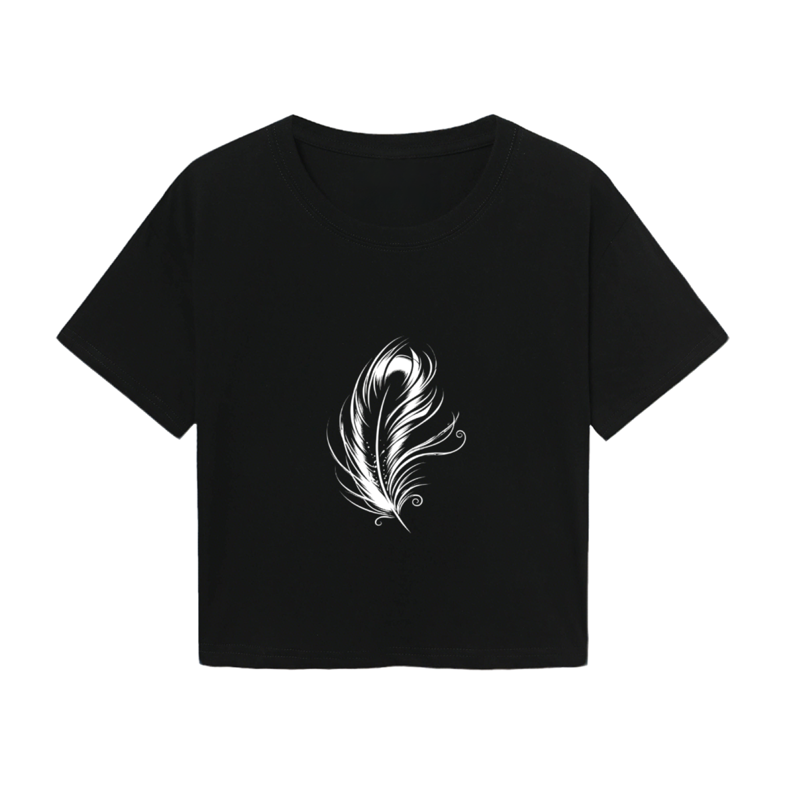 Chic Black Cropped Top Centered With Elegant White Art Feather Print