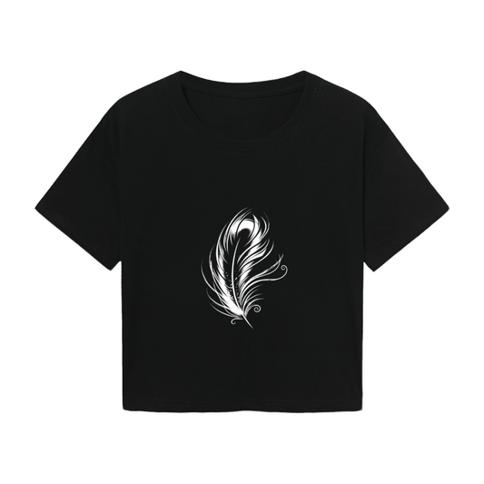 Chic Black Cropped Top Centered With Elegant White Art Feather Print