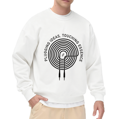 Plugging Ideas Touching Essence Crewneck Sweatshirt | Minimalist Tech Spiral Graphic Pullover, Creative Design Streetwear Top