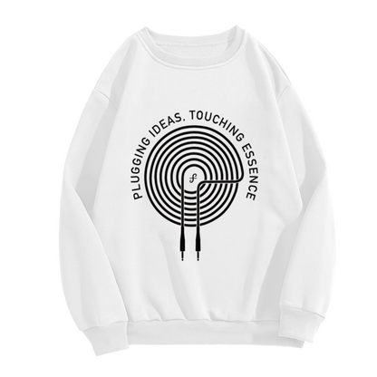 Plugging Ideas Touching Essence Crewneck Sweatshirt | Minimalist Tech Spiral Graphic Pullover, Creative Design Streetwear Top