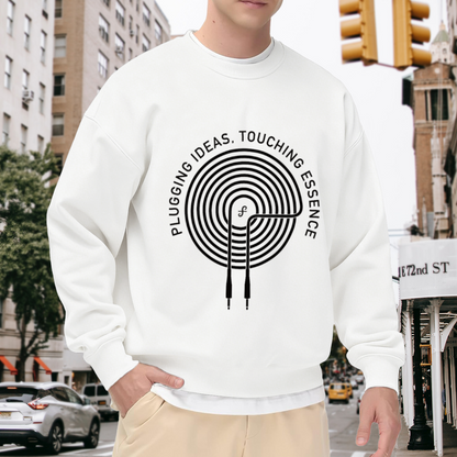 Plugging Ideas Touching Essence Crewneck Sweatshirt | Minimalist Tech Spiral Graphic Pullover, Creative Design Streetwear Top