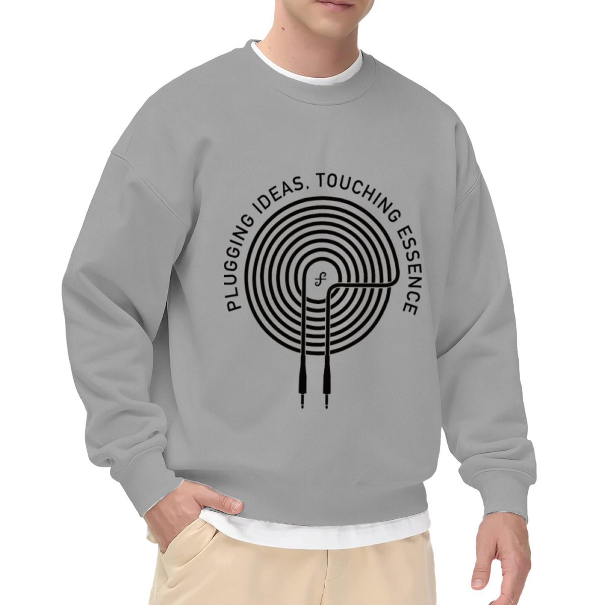 Plugging Ideas Touching Essence Crewneck Sweatshirt | Minimalist Tech Spiral Graphic Pullover, Creative Design Streetwear Top