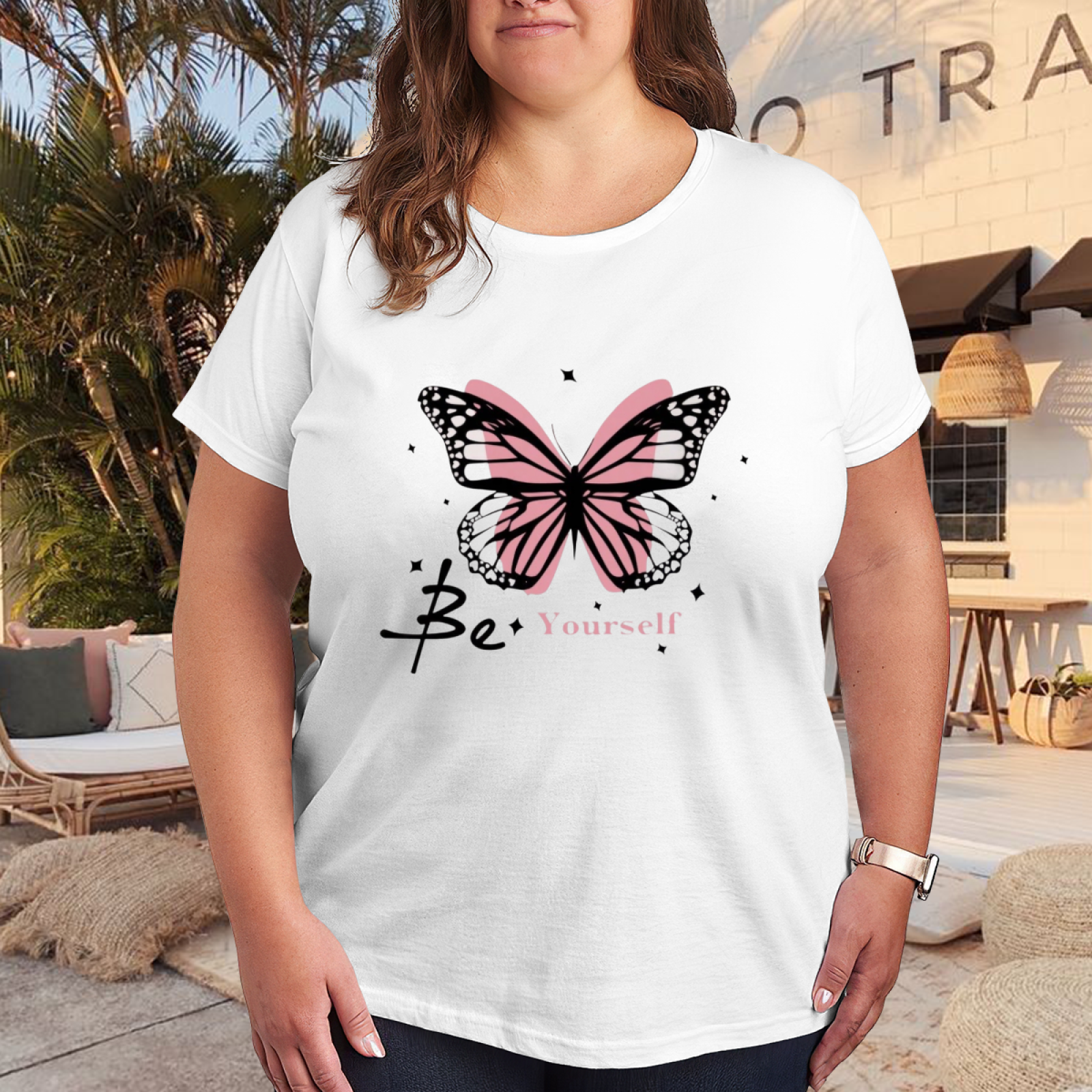 Be Yourself Pink Double Butterfly Star Aesthetic Self Love Graphic Tee